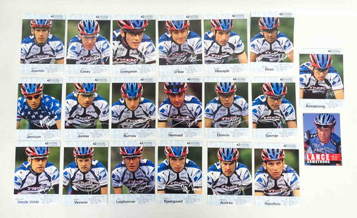 United States Postal Service Official Team Cards: Collection of (20) United States Postal Team Pro Cycling Team cards. 7" x 5". Includes Lance Armstrong, David George, Viatcheslav Ekimov, Julian Dean, George Hincapie, Tyler Hamilton, Frankie Andreu,