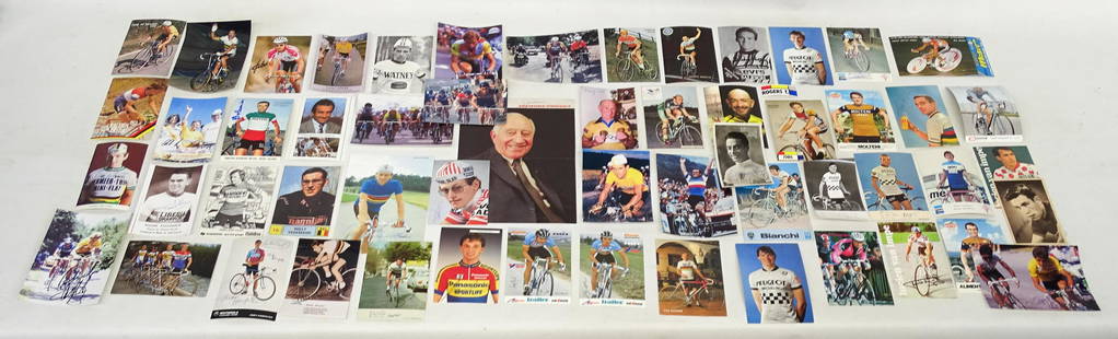 Autographed Bicycle Racer Cards: Assorted group of autographed bicycle racer cards. 56 cards autographed.