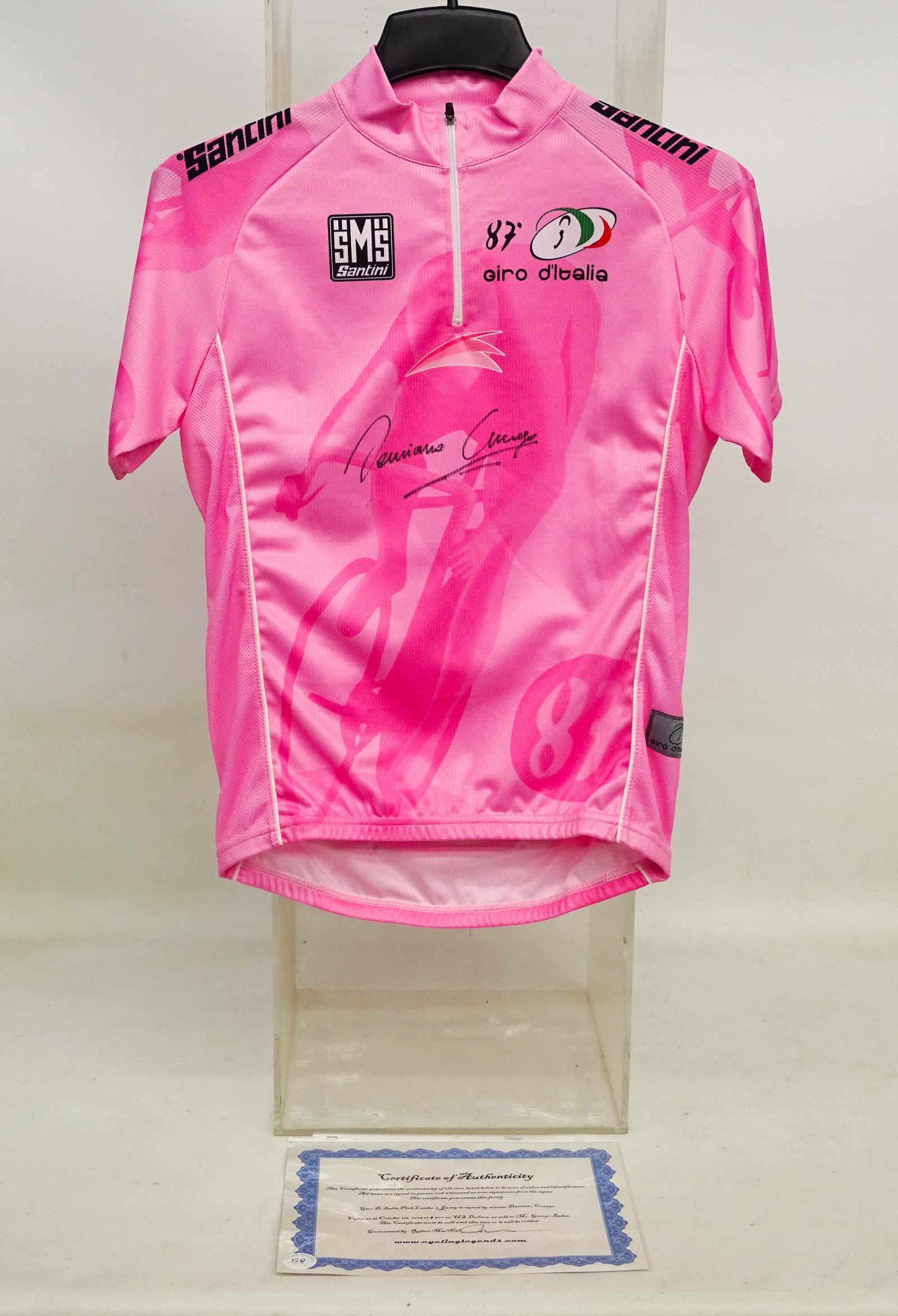 Damiano Cunego Autographed Jersey: Damiano Cunego race worn autographed pink leader Giro d' Italia jersey. He competed 2002-2018, winning the 2004 Giro d' Italia. COA from Cycling Legends. Good condition.
