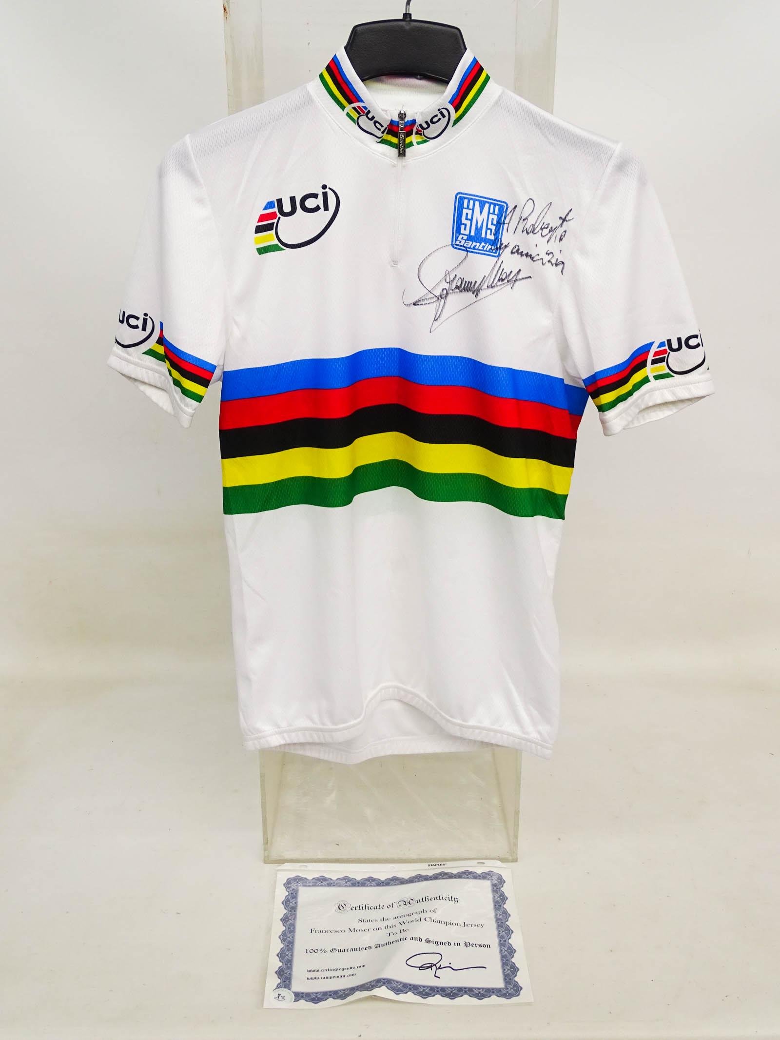 Francesco Moser Autographed Jersey: Francesco Moser autographed World Champion Rainbow jersey. He was dominant in the mid 1970's through early 1980's. He won 1984 Giro d' Italia, 1977 World Championship, also a great 6 Day Track racer. 