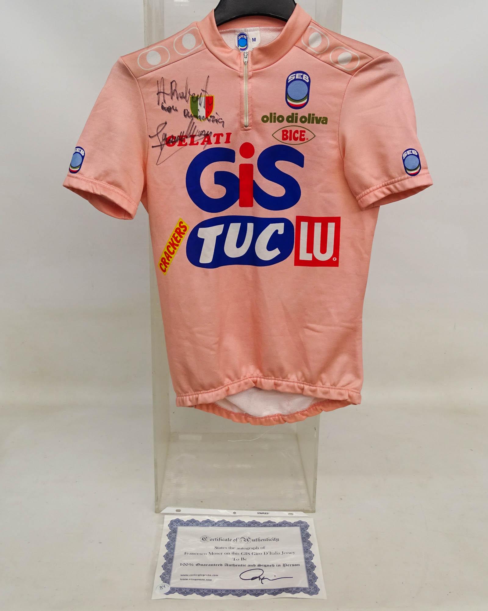 Francesco Moser Autographed Jersey: Franceso Moser race worn autographed GIS Giro D' Italia jersey. COA Cycling Legends.