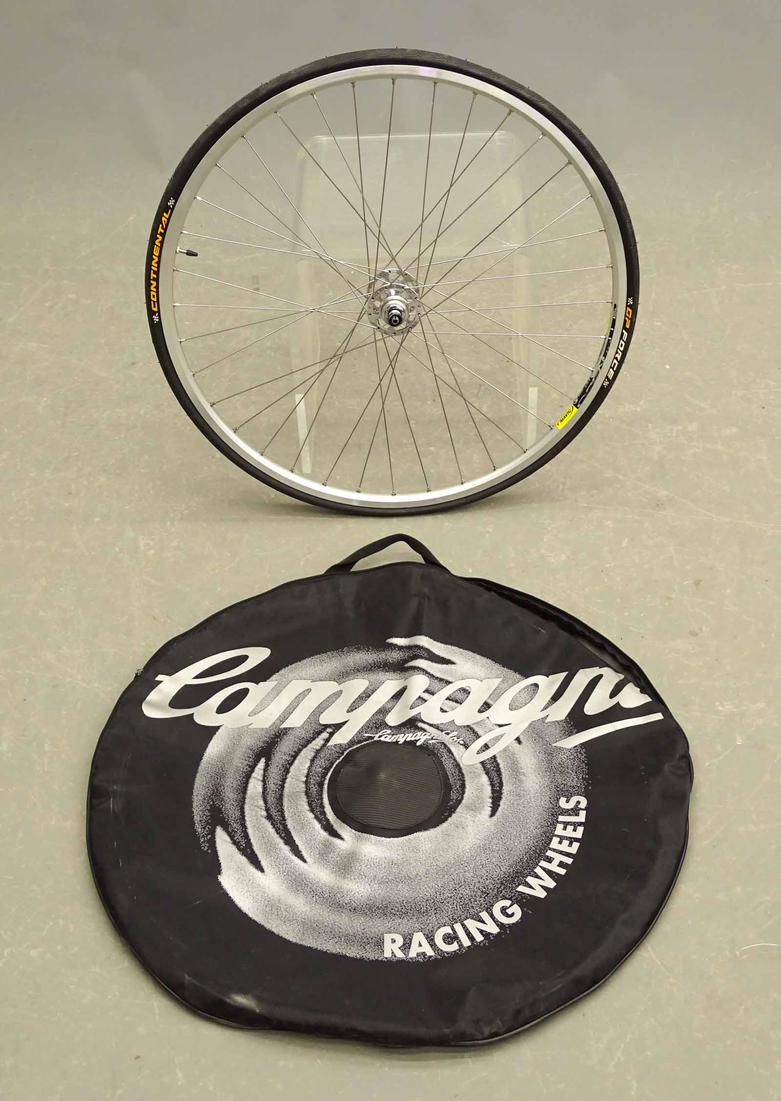 Mavic Open Pro Rim: Mavic Open Pro 36 Spoke rim, Campagnolo Record hub, Continental GP Attack tire, 22 x 622. NOS very good condition, Campagnolo travel bag included.