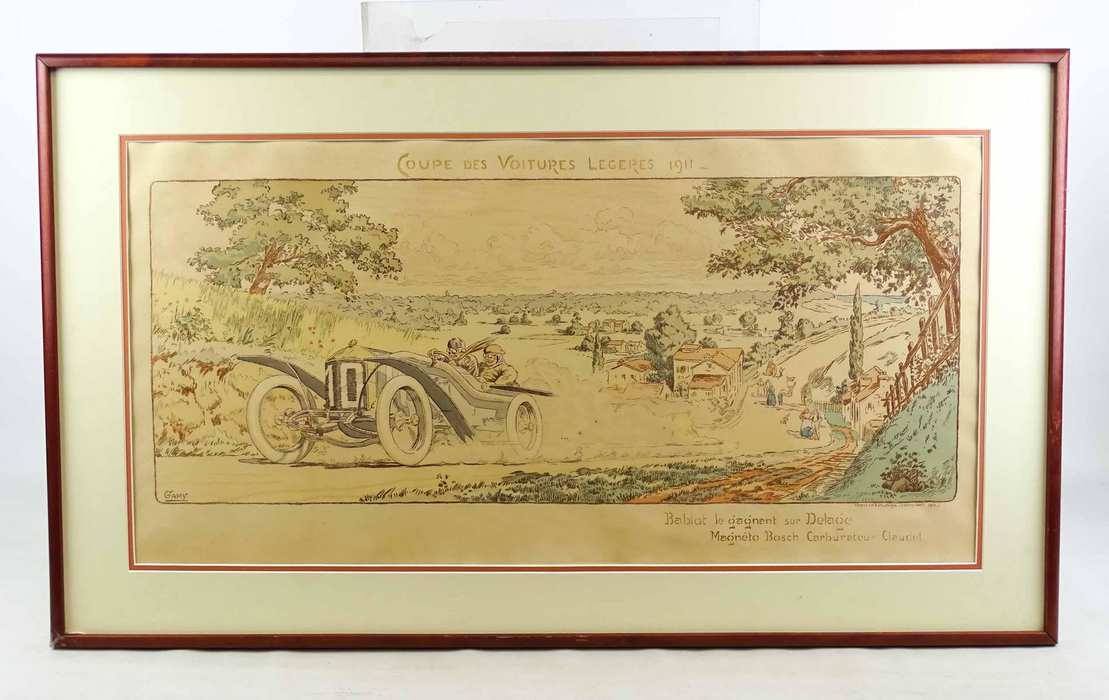 1911 Gamy Print "Coupe De Voitured Legeros 1911": 1911 Gamy Print "Coupe De Voitured Legeros 1911", "Bablot Le Gagnant Sur Delage Magneto Bosch Carburateur Claudel". Printer Mabile Au. & Co.-Paris Copyright 1911". Sight 17" x 34", frame 24 1/2" x 41"