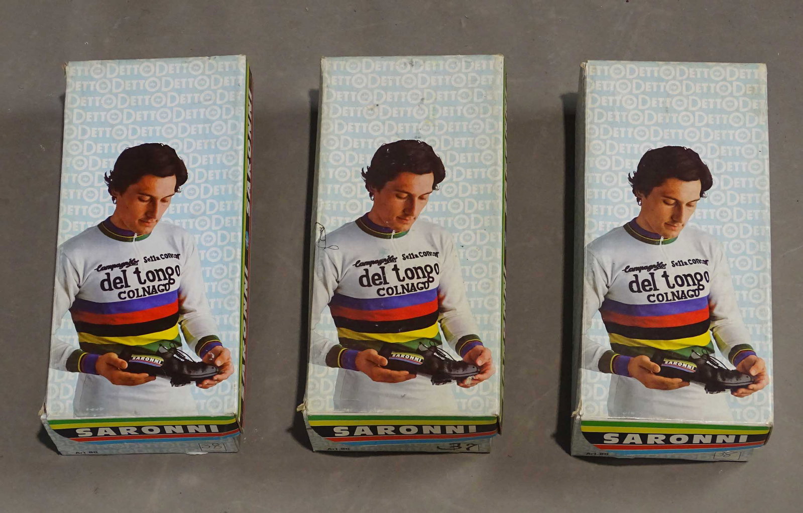 Vintage Bicycle Racing Shoes: Three pair of vintage 1960's bicycle racing shoes NOS in boxes. Detto Saronni, Made in Italy. Sizes 37/38/38.