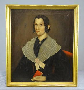 Attributed to Erastus Salisbury Field: Painting: Attributed to Erastus Salisbury Field (1805-1900), portrait of Susanne Tillinghast of Ct., C. 1840, oil on canvas, unsigned with verso inscription, This is "Susanne Tillinghast" who is