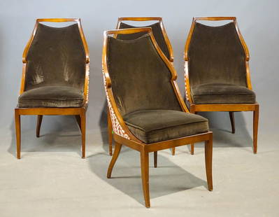 Baker Jacques Garcia, Mailmaison Chairs: Set of (4) high quality velvet upholstered Baker chairs. 19" seat Ht., 39 1/4" overall Ht.. Jacques Garcia, Mailmaison.