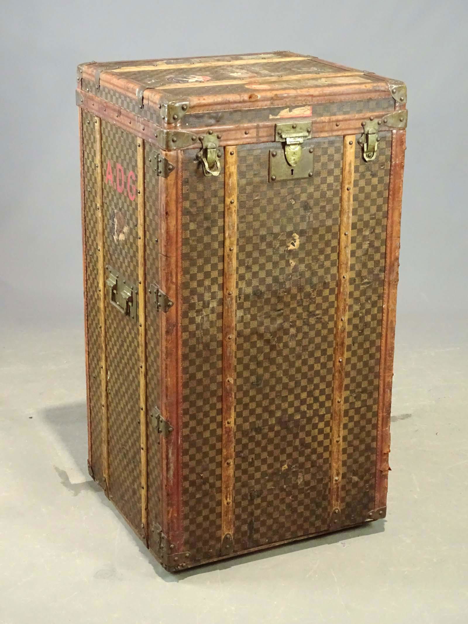Paul Roman Cabin Trunk: Paul Roman cabin trunk. Checkerboard Damier canvas pattern. Made in Paris France. House of Paul Romand was founded in 1794 and is located at the same address as the ateilier known for having trained L