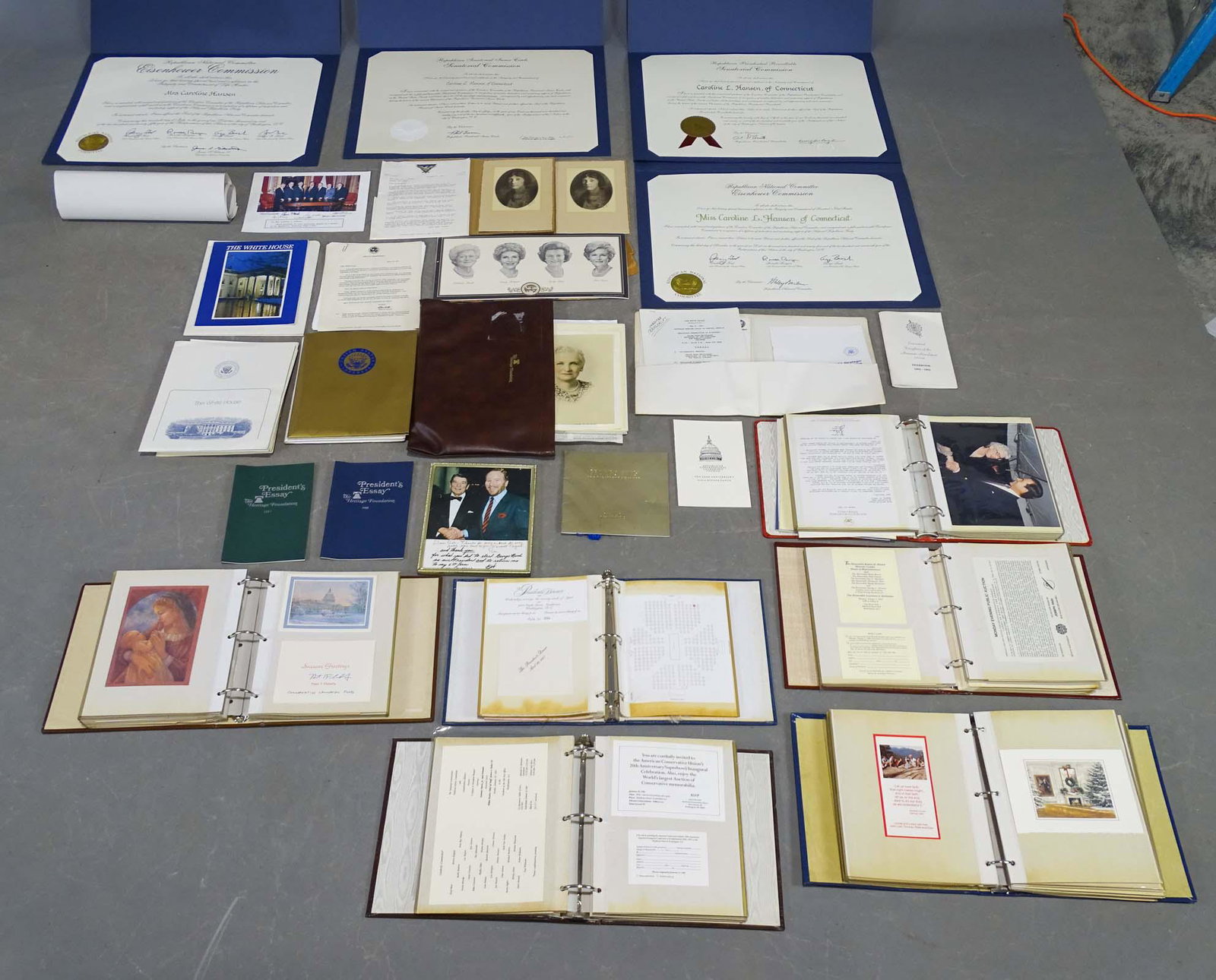 Ronald Reagan Political Lot: Large Ronald Reagan related Political lot including autographs, briefings, Bush related material, various autographs, Larry DeNardis material, mostly related and given to Miss. Caroline L. Hansen (Ham