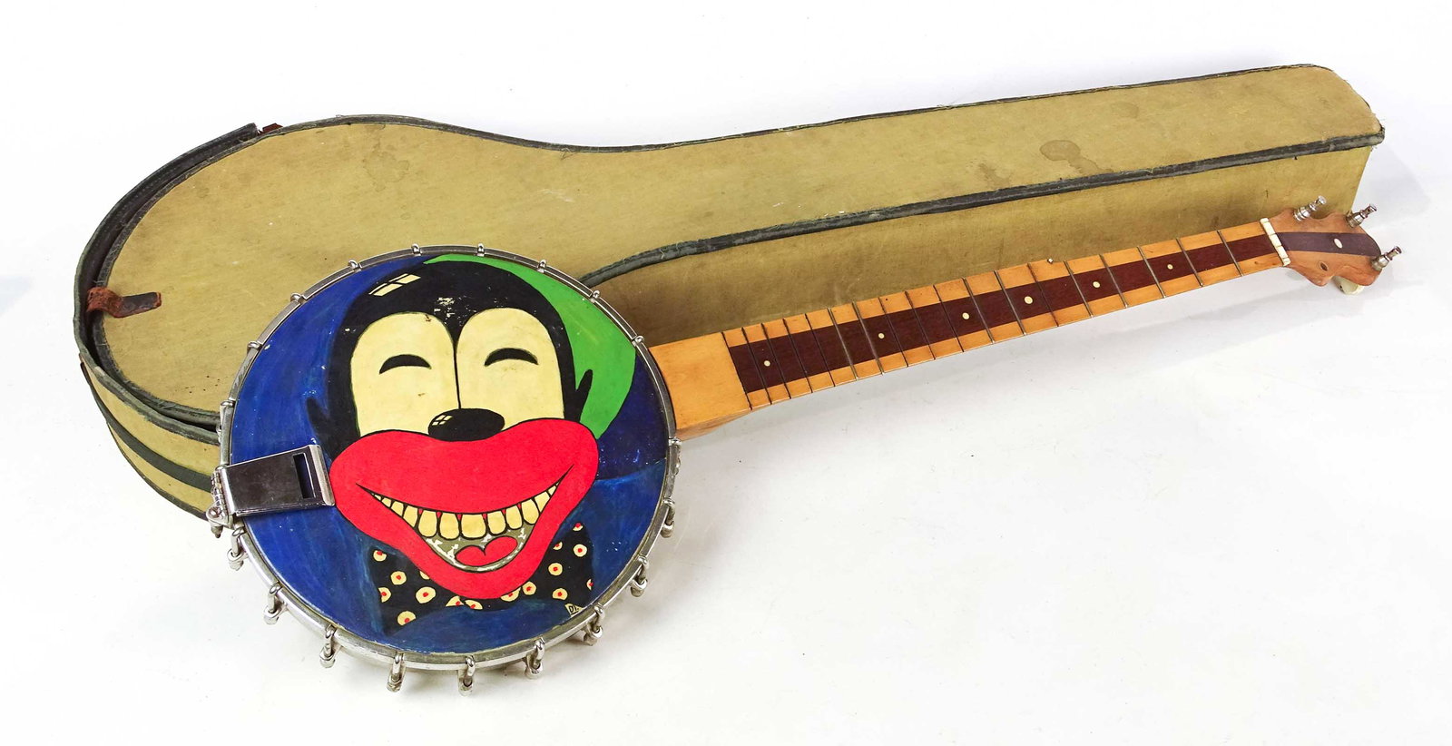 Banjo: C. 1920's banjo with case. Mistrel painting on head. 33 1/2" L..