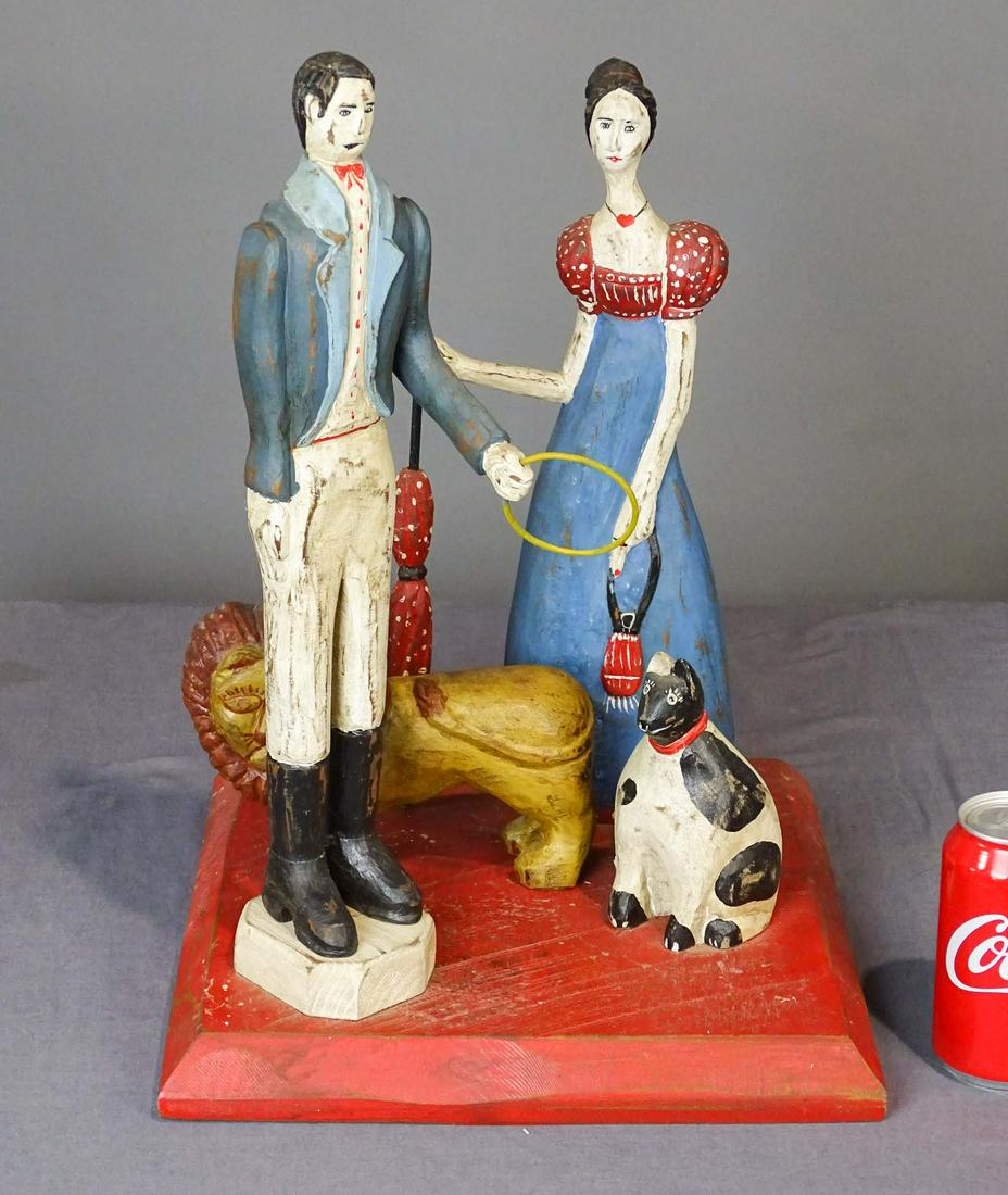 Bruce Murphy Carving: Bruce Murphy "Cat Tamer" wooden carving. 13" x 13" x 20". Provenance: Estate of Myron & Carolyn Neugeboren Ct..