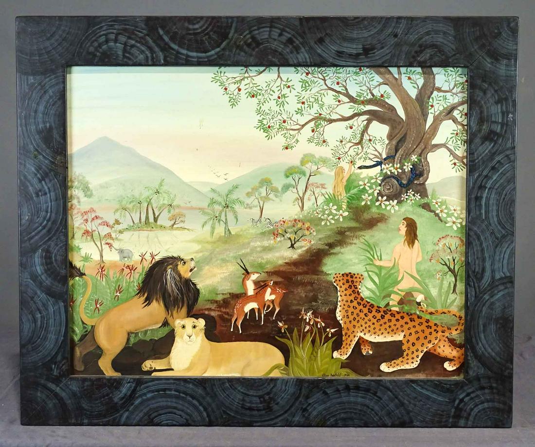 Gina Hosfeld (20th Century): Painting: Gina Hosfeld (20th Century), Adam & Eve subject, oil on panel. Sight 21" x 27", overall 28 1/2" x 34". George & Gina Hosfeld (20th Century), "A Little Child Shall Lead Them", oil on panel. S