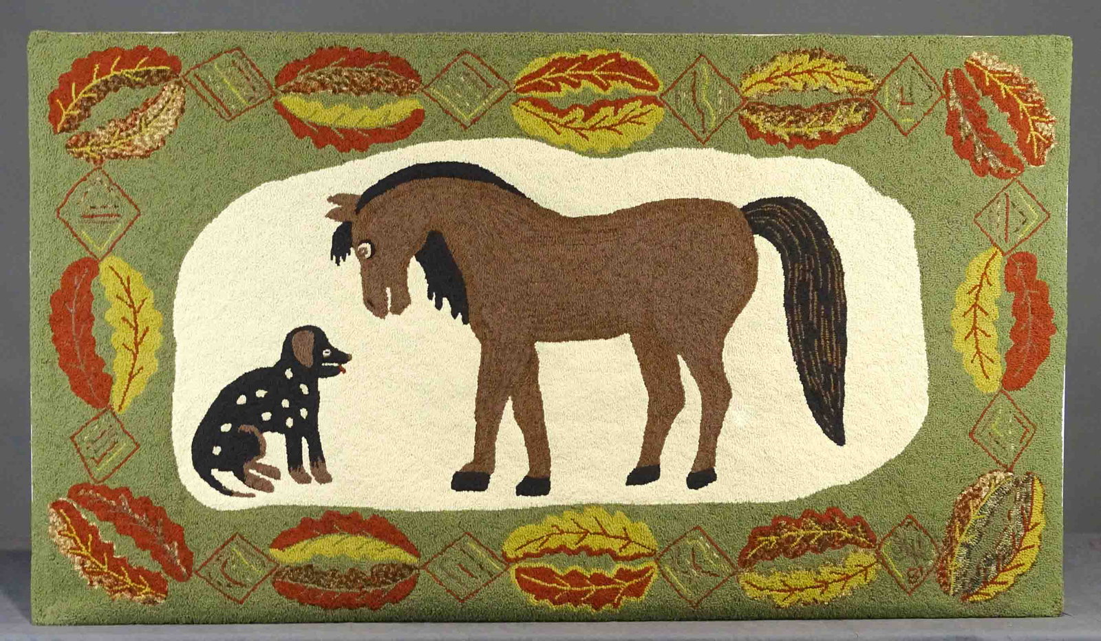 Hooked Rug: Hooked rug "Dan & Sam". Made by "The Happy Hooker", North Truro Mass.. Mounted. 32 1/2" x 57 1/2".