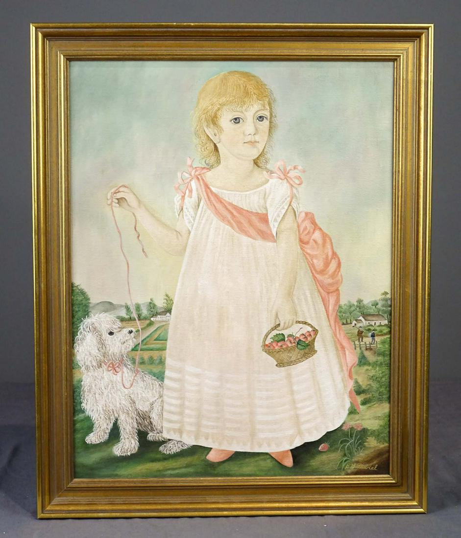 Evelyn S. Dubiel (1922-2019): Evelyn S. Dubiel (1922-2019), portrait of a girl in dress with dog. Oil on canvas. 18" x14", overall 20 1/2" x 16 1/2". One of the best works we have sold by the artist. Provenance: Family of the arti
