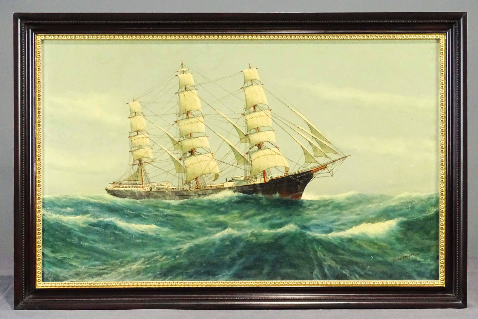 Luca Papaluca The Elder (1890-1934): Painting: Luca Papaluca The Elder (1890-1934), three masted ship, oil on panel. Sight 19" x 32", overall 23 1/2" x 36".