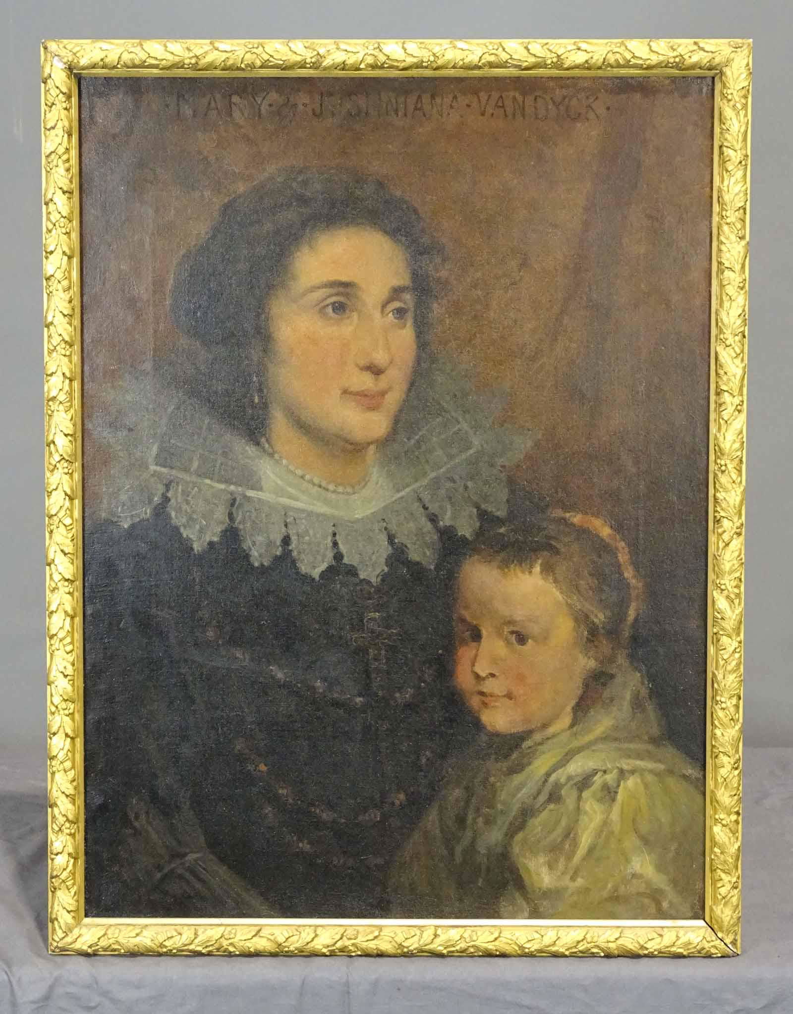 Attributed to J.A. Weir (1852-1919): Attributed to Julian Alden Weir (1852-1919), portrait of mother and child, after Anthony van Dyck, oil on canvas, inscription upper right. 24" x 18", overall 30 1/2" x 23". Possibly Weirs wife and chi