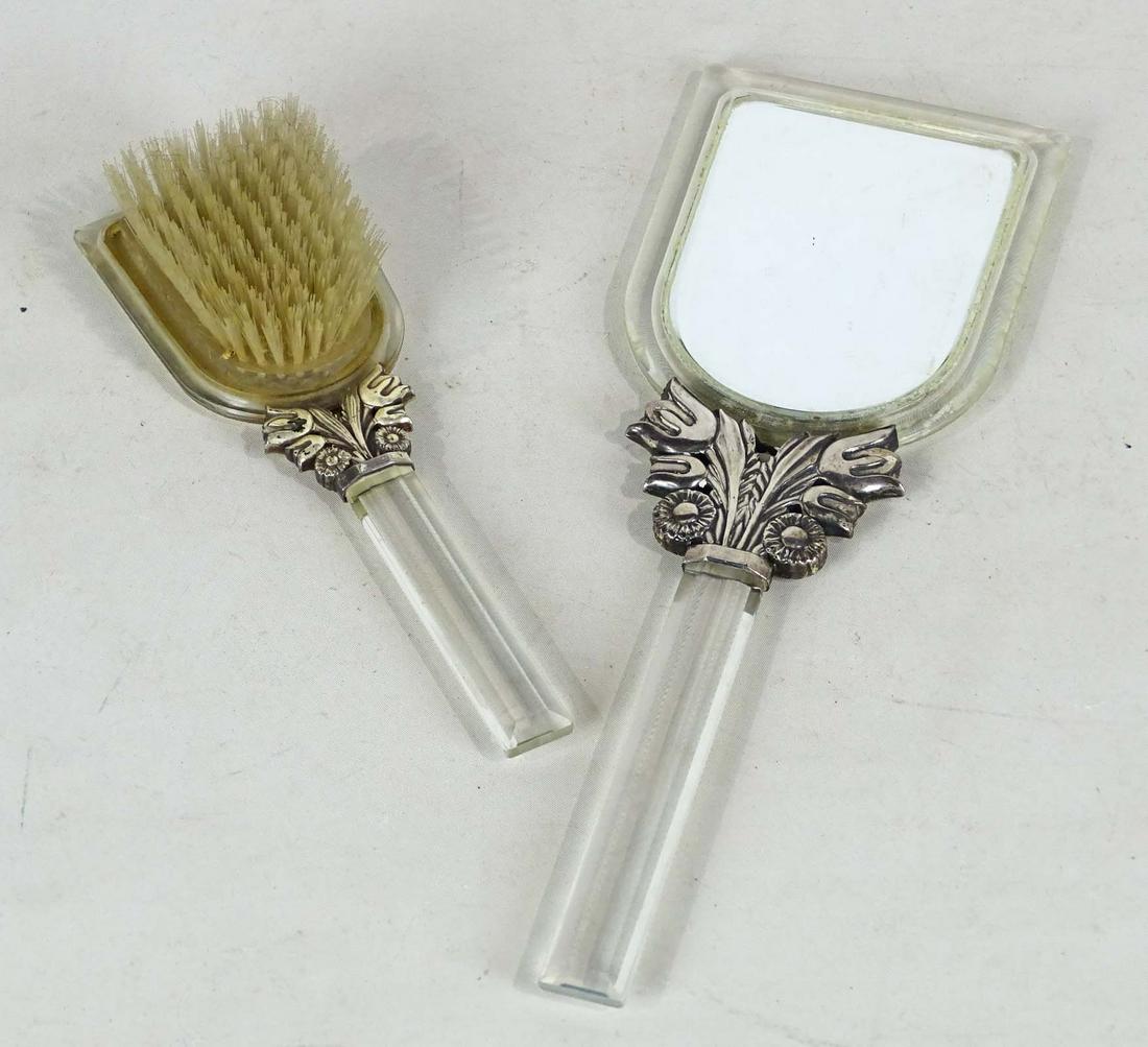 Vanity Set: Vintage lucite and silverplate vanity set. 13 3/4" Ht..