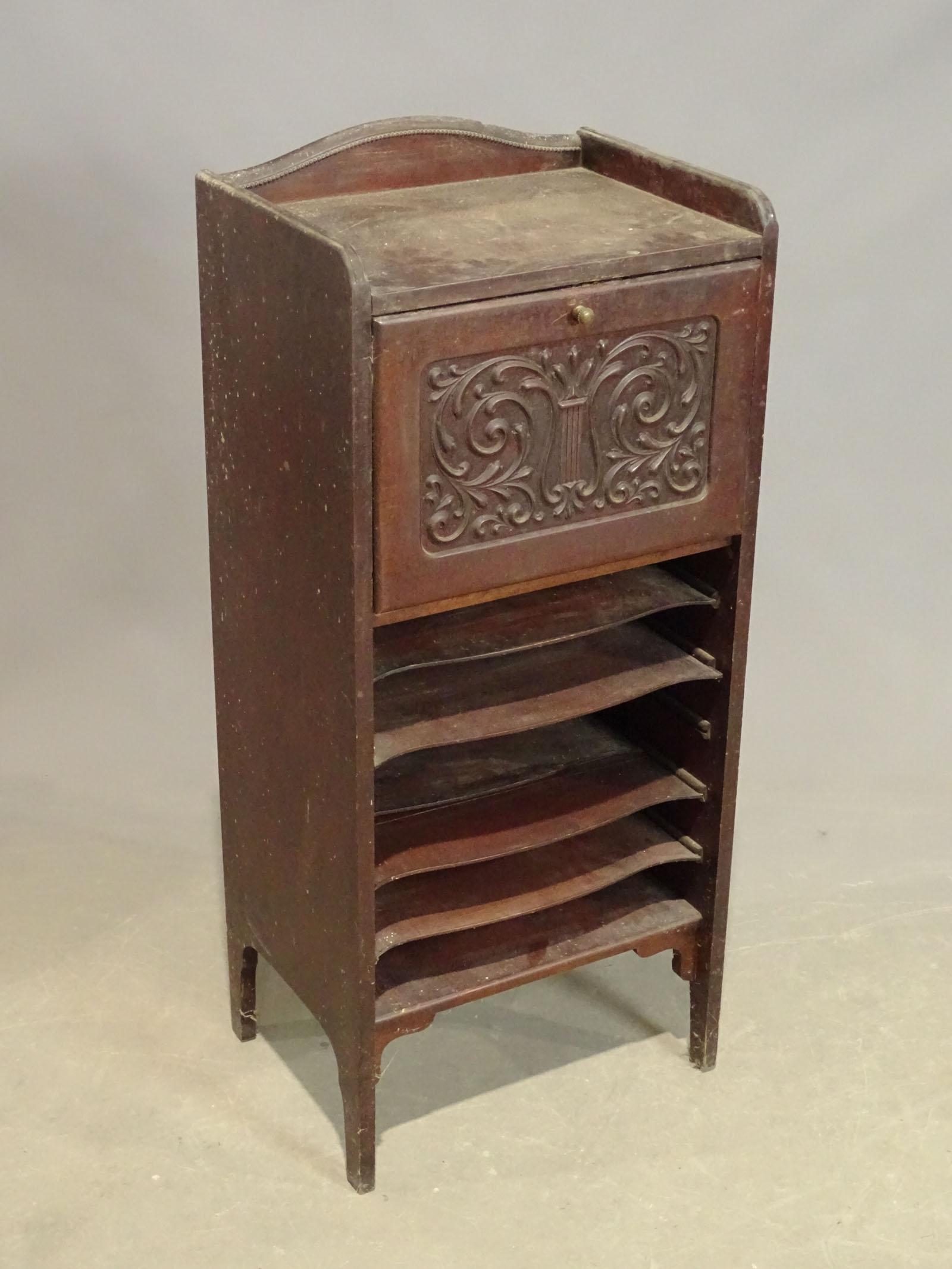 Music Cabinet: C. 1920's mahogany music cabinet. 18" x 13" x 40".