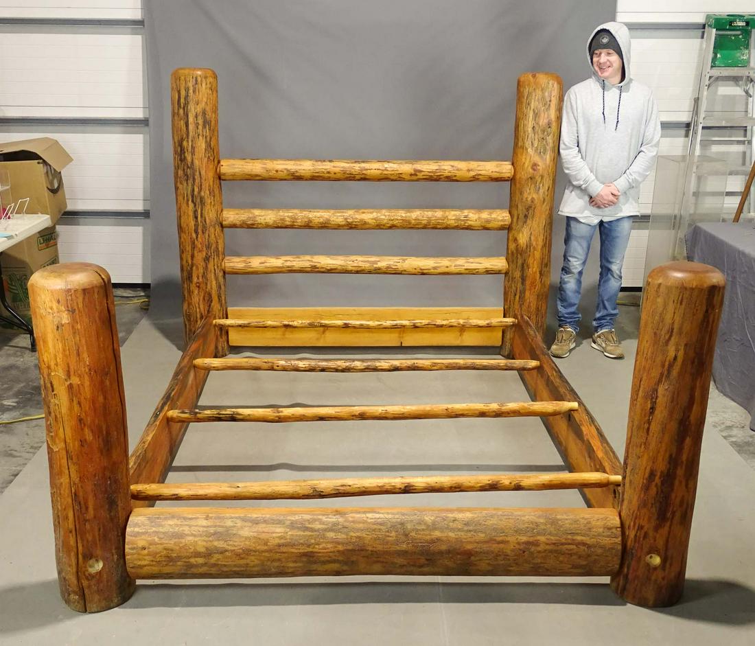 Log Bed: Massive log bed. Headboard 75" x 60", 80" rails.