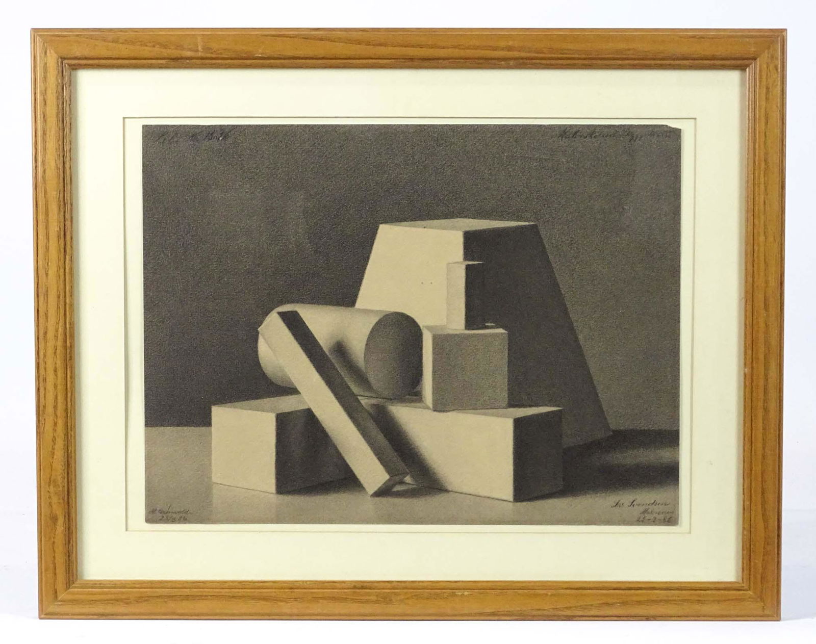 Svendsen Antique Academic Study: Svend Rasmussen Svendsen (1864-1945). Academic study of geometry models. (1886). Inscription: Sv. Svendsen [illegible] 25-3-86 (lower left). Malerskolers Skygge Klasse (upper right). Pastel on paper.