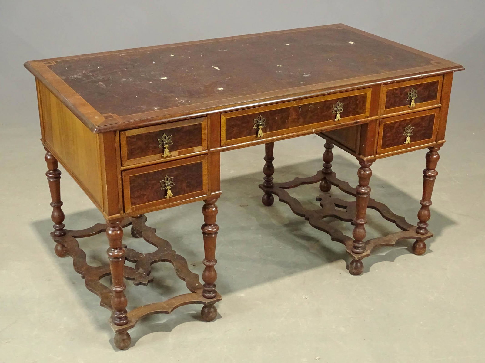 Desk: Vintage William and Mary style desk. 52" x 28" x 30".