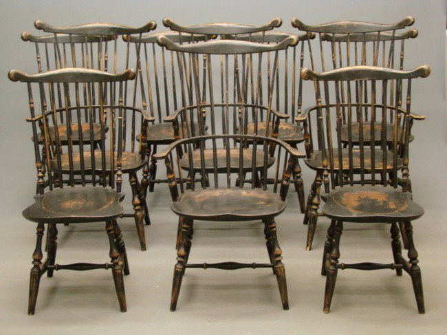 Set Of Ten Benchmade Windsor Chairs: Set of 10 (includes four arm chairs) painted benchmade Windsor chairs. Stamped underneath "The Windsor Workshop, Ontario/New York". 18" Seat Ht. 38" Overall Ht.