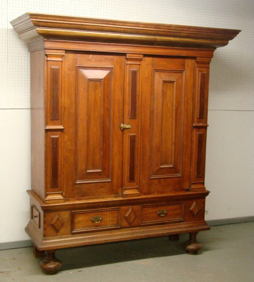 18th c. Bergen County Kas: 18th c. Bergen County New Jersey Kas. Three parts consisting of cornice molding, center case with two drawers and interior cubby section, base with long drawer with attached suppressed ball feet. Corn