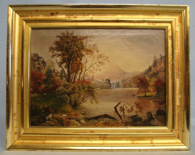 Painting Hudson River School: 19th c. oil on canvas Hudson River School landscape. Site 18 3/4" x 13 2/3".
