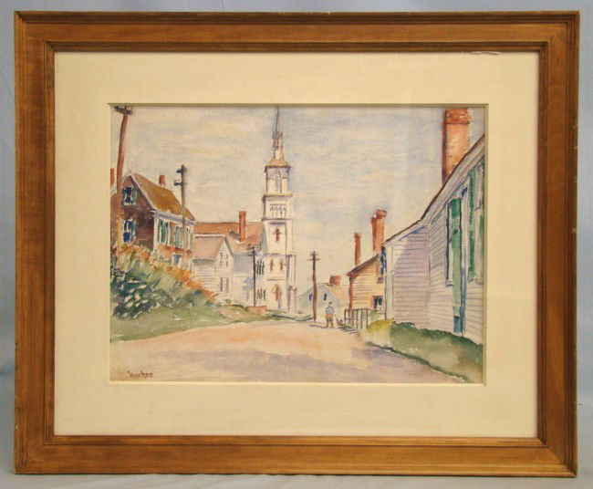 Watercolor Max Kuehne: Watercolor "The White Church, Cape Ann, Massachusetts". Signed "Kuehne". (Max Kuehne New York 1880-1968). Site 15 1/2" x 20". Provenance estate of the artist.