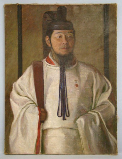 Painting Lilla Cabot Perry: Painting oil on canvas portrait of a Japanese man in traditional dress by Lilla Cabot Perry (Boston/United Kingdom 1848-1933). Site 39 3/4" x 29 3/4". Unsigned, provencance estate of the artist and Hi