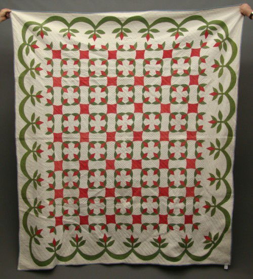 Quilt: 19th c. red, green and white applique quilt. 76" x 86".