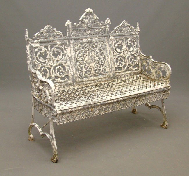 Peter Timmes Son Brooklyn Cast Iron Bench: 19th c. signed "Peter Timmes Son Brooklyn New York" cast iron bench. Similar example in Brooklyn Museum. 43" W 15" D 34" Ht. Bench needs repair.