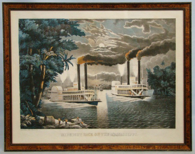 19th c. Thomas Kelly Steamboat Litho: 19th c. litho by Thomas Kelly "Midnight Race On The Mississippi". Site 27 1/2" x 21 1/2".