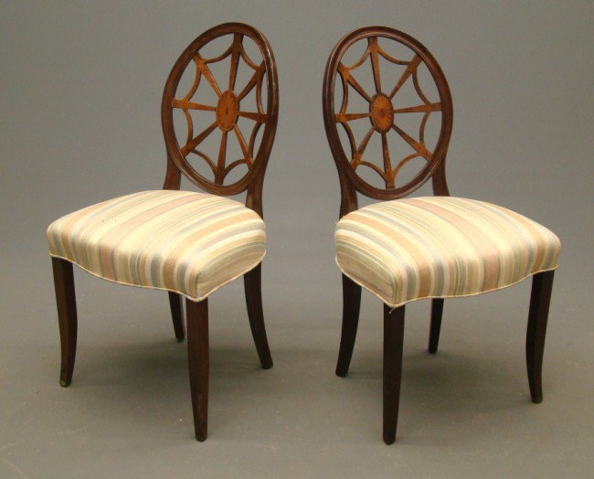 Pair Decorative Chairs: Pair decorative Hepplewhite style chairs. 20" Seat Ht. 37" Overall Ht.