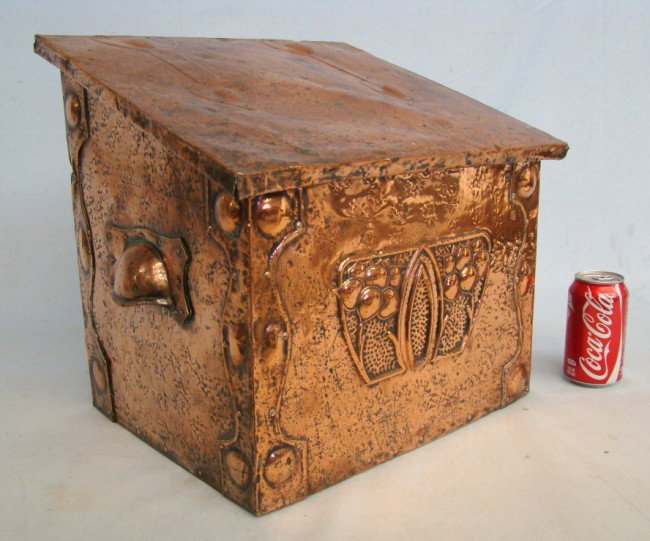 Arts And Crafts Coal Box: Arts And Crafts period copper coal box. 16" W 14" D 16" Ht.