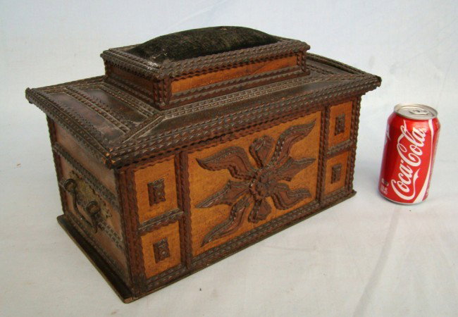 Tramp Art Sewing Box: Tramp art sewing box. 13" W 8" Ht.