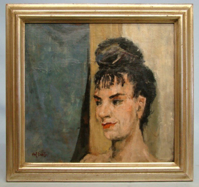 Painting Hal Frater: Painting oil on artist board portrait of a woman signed "Hal Frater" (Hal Frater N.Y. 1909-?). Site 16" x 15".