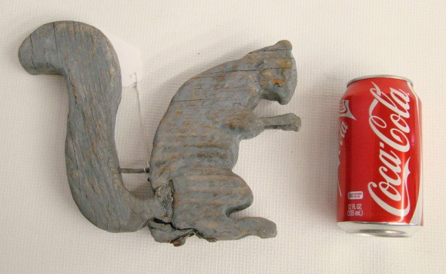 Carved Squirrel Weathervane: Carved wooden squirrel weathervane. 6" W 7" Ht.