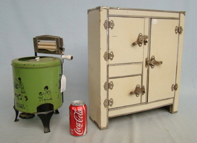 Doll Furniture: Lot including vintage "Dolly's Washer" and vintage doll's ice box.