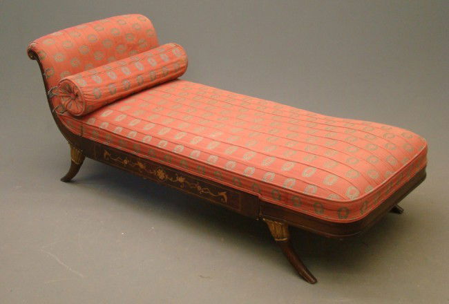 Chaise Lounge: Decorative inlaid Empire style settee. As found. 70" Length.
