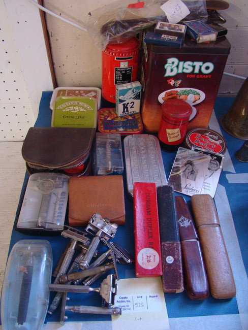 Misc. Razors And Tins: Lot misc. vintage shaving collectibles and tins, matchbooks etc.