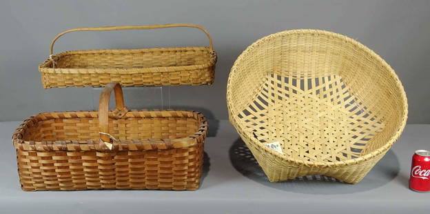 Basket Lot: Lot (3) baskets including two gathering and one labeled Hancock Baskets. Largest 20" D., 8 1/2" Ht.. Provenance: Estate of Myron & Carolyn Neugeboren Ct..