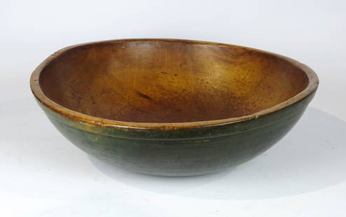 19th c. Wooden Bowl: 19th c. paint decorated wooden bowl in green paint. 20" D., 6" Ht..