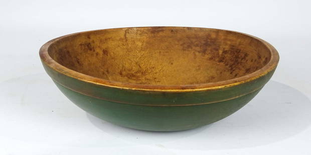 19th c. Wooden Bowl: 19th c. wooden bowl in green paint. 14" D., 4 1/2" Ht.. Provenance: Estate of Myron & Carolyn Neugeboren Ct..