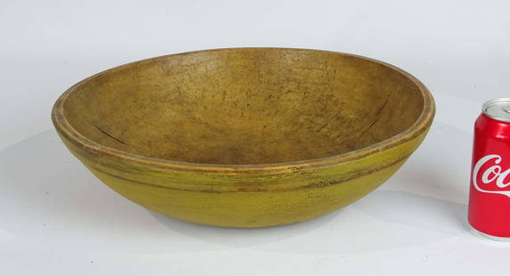 19th c. Wooden Bowl: 19th c. wooden bowl in yellow paint. 13 1/2" D., 6" Ht.. Provenance: Estate of Myron & Carolyn Neugeboren Ct..