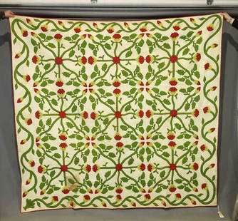 19th c. Applique Quilt: 19th c. red and green applique quilt. 85" x 93". Provenance: Estate of Myron & Carolyn Neugeboren Ct..