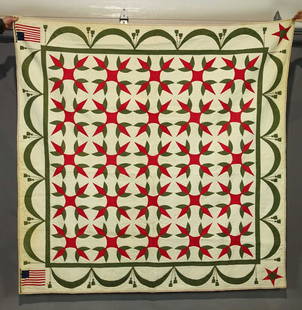 19th c. Quilt: 19th c. applique quilt with American flag, stitched "THE FLAG OF OUR UNION 1852". 88" x 88". Provenance: Estate of Myron & Carolyn Neugeboren Ct..