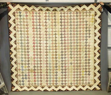 19th c. Quilt: 19th c. Pinwheel quilt with printed border. 96" x 99". Estate of Myron & Carolyn Neugeboren Ct..