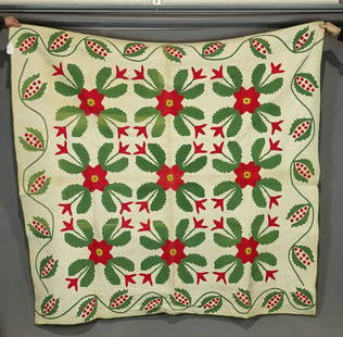 19th c. Applique Quilt: 19th c. red and green applique quilt. 83" x 87". Provenance: Estate of Myron & Carolyn Neugeboren Ct..