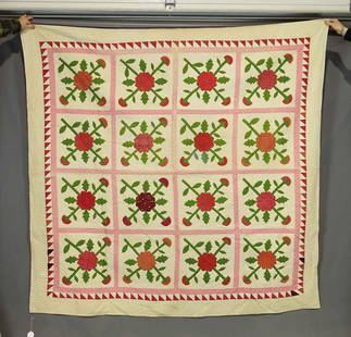 19th c. Applique Quilt: 19th c. red and green Floral Applique quilt. 80" x 81". Provenance: Estate of Myron & Carolyn Neugeboren Ct..