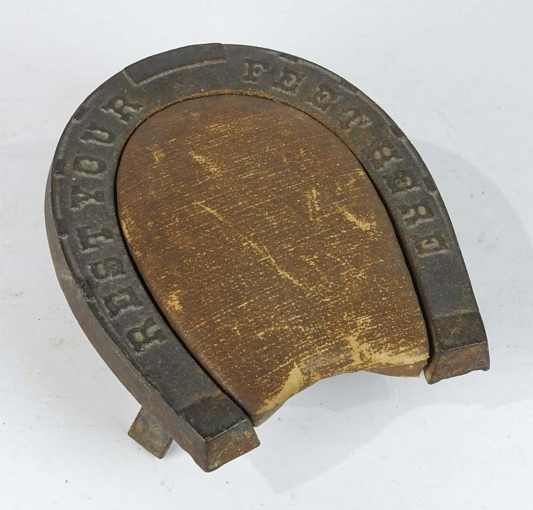 Horseshoe Stool: C. 1900 iron horseshoe stool "REST YOUR FEET HERE". 13" x 10" x 5".